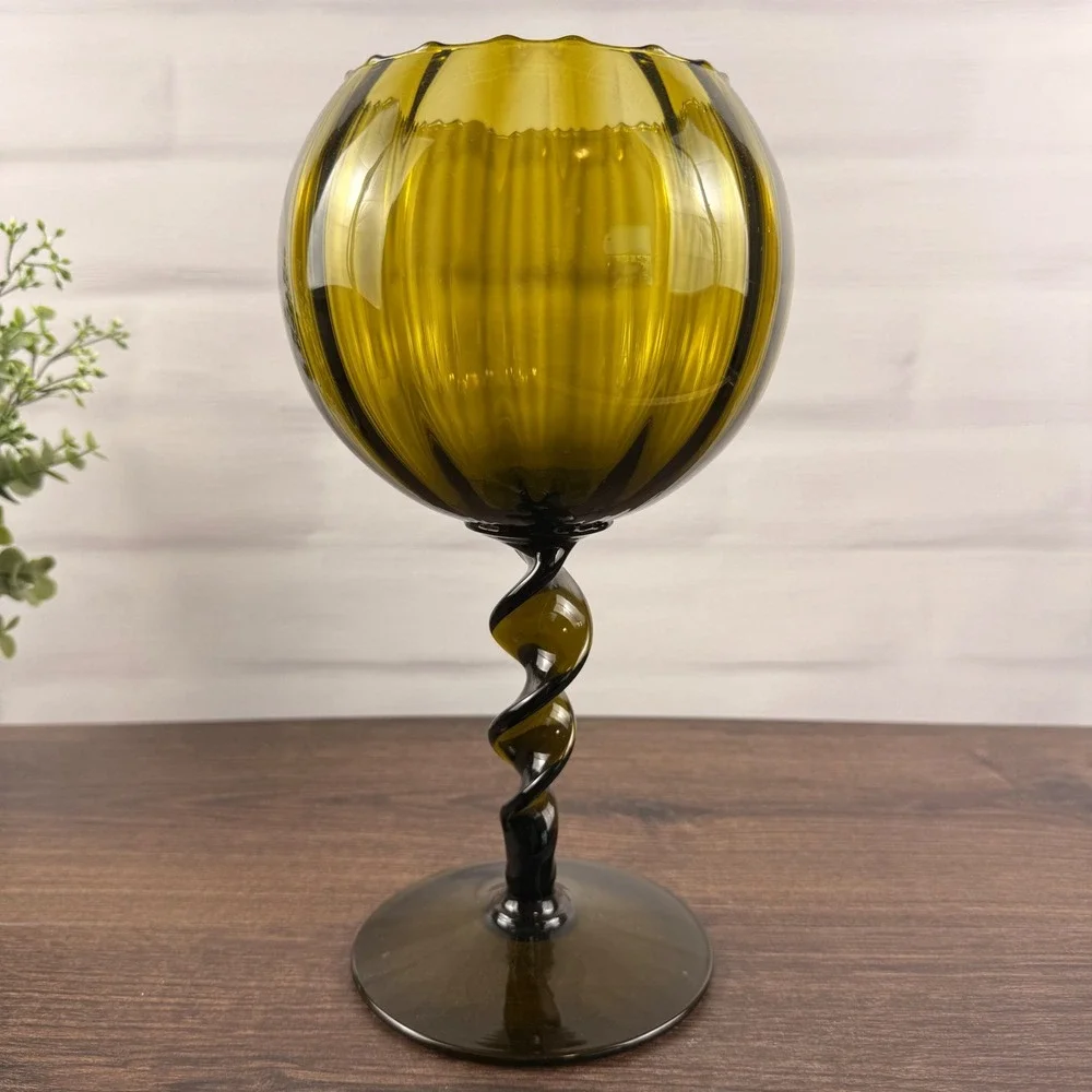 Empoli Italy Olive Green Art Glass Goblet Vase Twisted Stem MCM
